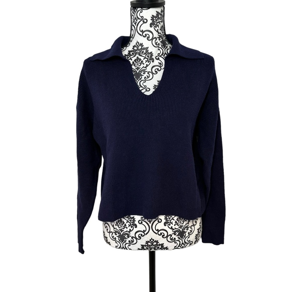 A New Day Navy Cropped Collared Long Sleeve V-Neck Ribbed Knit Sweater Large